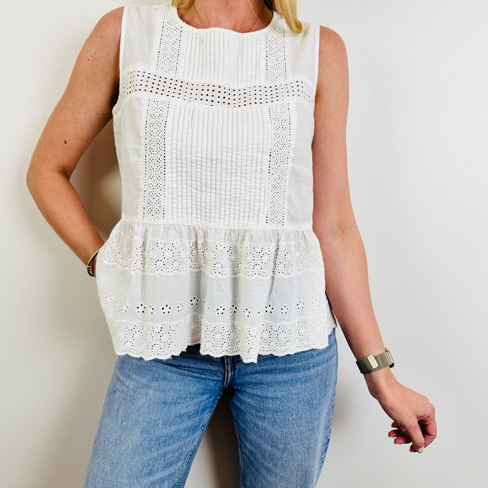Zara Lace Crew Neck Tank Top Blouse Crochet Boho sleeveless Eyelet - Picture 2 of 6